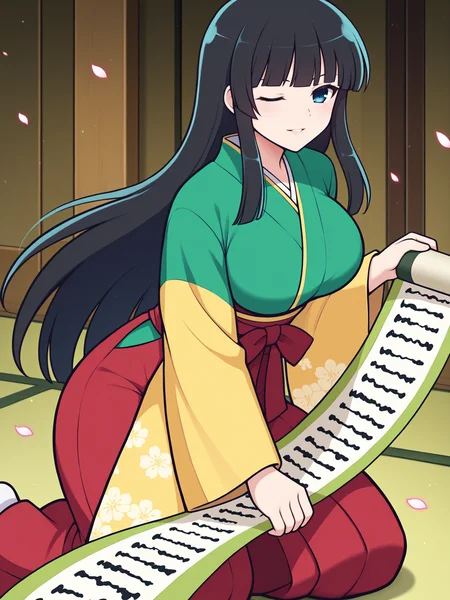 masterpiece, best quality, amazing quality, by asukaln
(solo:1.4), Ikaruga_IL, long black hair, blunt bangs, hime cut, dark blue eyes, large breasts
official anime artwork, screencap, anime screencap, indoors, light smile, looking at viewer, dynamic pose, japanese clothes, green kimono, yellow sleeves, wide sleeves, red skirt, red hakama, floral print, holding scroll, light particles, petals, one eye closed, parted lips, flying scrolls
<lora:Mystyle_SDXL_LoCon_DORA_v2:1>
<lora:SK_Ikaruga_IL:0.8>