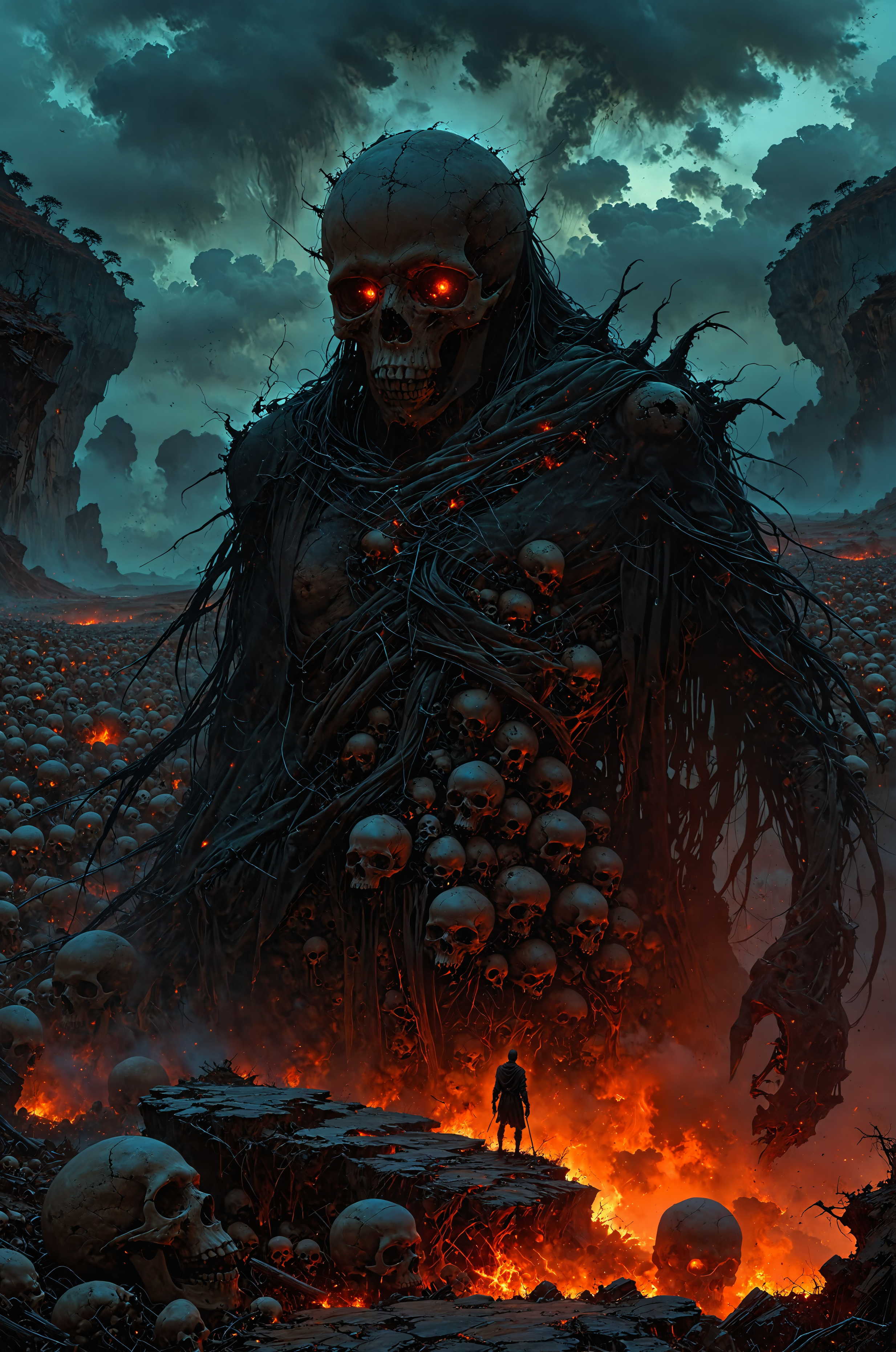 Abstract painting by Zdzislaw Beksinski. A nightmarish wasteland stretches out endlessly, the ground almost entirely covered with countless skulls, each one bearing the marks of time and decay. In the center of this hellish landscape stands a desperate figure, clutching their head with both hands, teetering on the edge of madness. Their form is gaunt and distorted, as if the weight of the world is crushing their spirit. Surrounding the figure, the air is thick with a palpable sense of despair, as the skulls seem to whisper the torments of the damned. The sky above is a turbulent swirl of dark reds and blacks, with twisted, abstract shapes looming ominously, creating an overwhelming sense of dread. The entire scene is suffused with an eerie, otherworldly glow, casting long, haunting shadows that only deepen the feeling of inescapable terror. The composition captures the essence of a mind unraveling in a desolate, infernal landscape, where hope has long since been extinguished.
hyperdetailed photography, masterpiece, best quality, high quality, highres, ultra-detailed, best quality, 8K, high 
 <lora:DetailMaximizer:0.7> <lora:- SDXL - vanta-black_contrast_V3.0:0.66> <lora:MJ52:0.5> <lora:EpicF4nta5yXL:1>