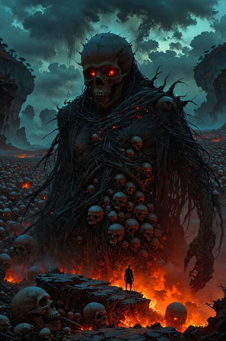 Abstract painting by Zdzislaw Beksinski. A nightmarish wasteland stretches out endlessly, the ground almost entirely covered with countless skulls, each one bearing the marks of time and decay. In the center of this hellish landscape stands a desperate figure, clutching their head with both hands, teetering on the edge of madness. Their form is gaunt and distorted, as if the weight of the world is crushing their spirit. Surrounding the figure, the air is thick with a palpable sense of despair, as the skulls seem to whisper the torments of the damned. The sky above is a turbulent swirl of dark reds and blacks, with twisted, abstract shapes looming ominously, creating an overwhelming sense of dread. The entire scene is suffused with an eerie, otherworldly glow, casting long, haunting shadows that only deepen the feeling of inescapable terror. The composition captures the essence of a mind unraveling in a desolate, infernal landscape, where hope has long since been extinguished.
hyperdetailed photography, masterpiece, best quality, high quality, highres, ultra-detailed, best quality, 8K, high
<lora:DetailMaximizer:0.7> <lora:- SDXL - vanta-black_contrast_V3.0:0.66> <lora:MJ52:0.5> <lora:EpicF4nta5yXL:1>