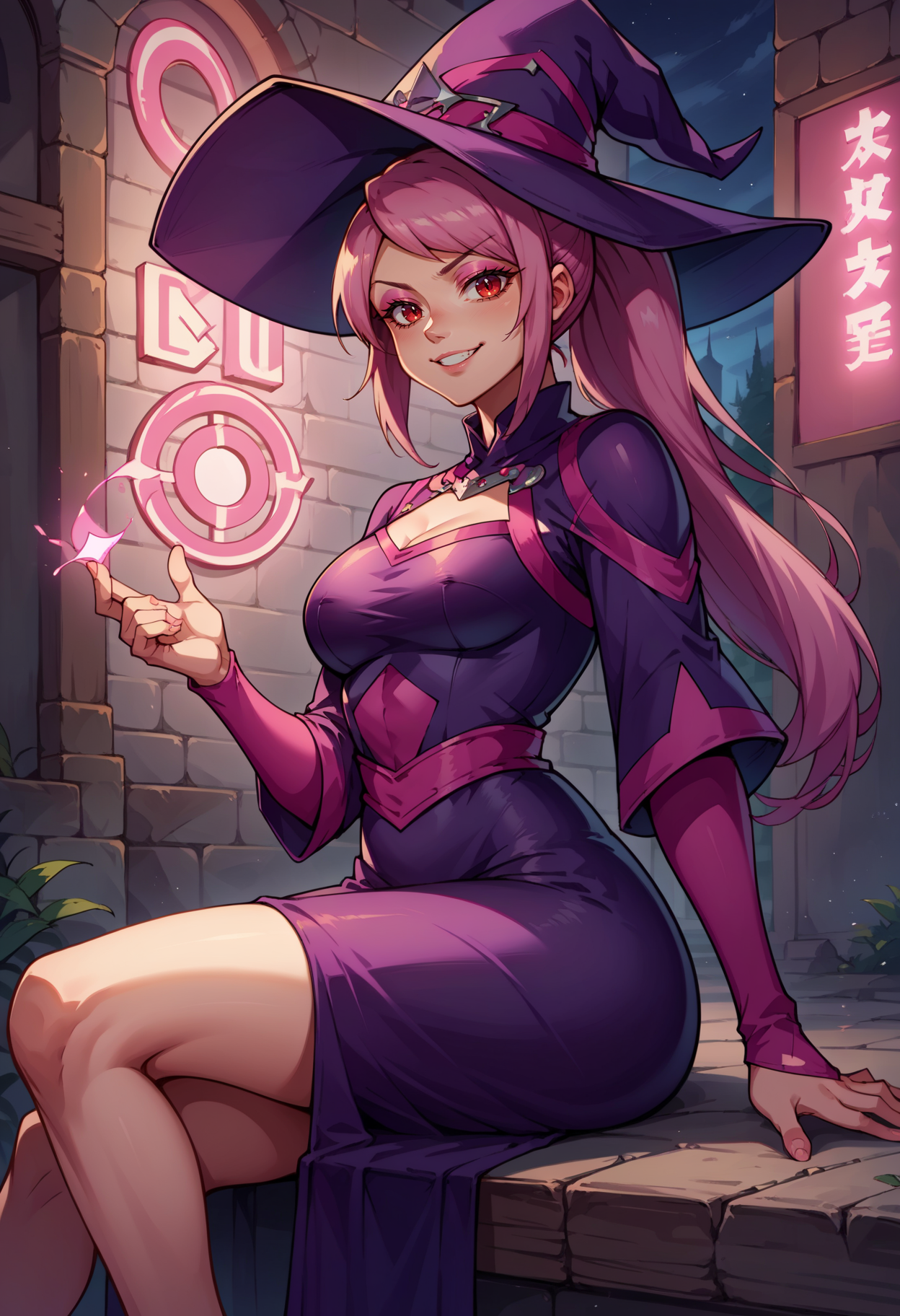 score_9, score_8_up,score_7_up, source_anime, 1girl, solo, <lora:EPpkLavana-10:1.0>,  EPpkLavana, pink hair, high ponytail, long hair, sidelocks, swept bangs, red eyes, glowing neon lights, sitting, armoured, witch hat, witch robe, eyeshadow, looking at viewer, smiling, pink glow, pink magical energy,