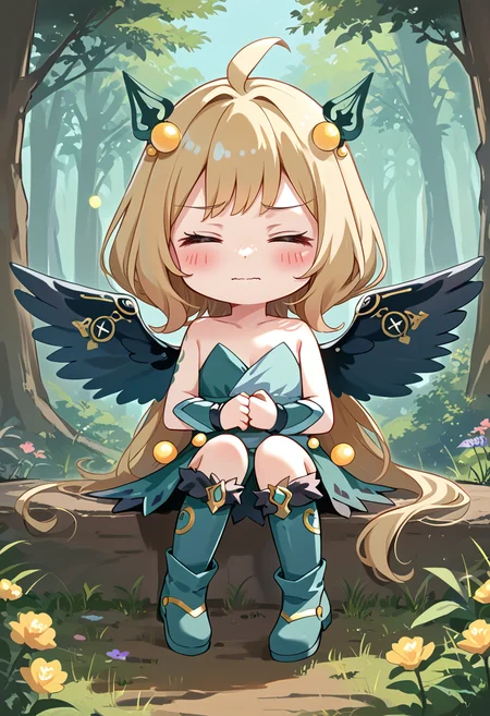 (score_9:0.9),score_8_up,score_7_up,rating_safe,anime style,(zPDXL),(zPDXL3),
<lora:Hugin the Runick Wings ponyXL v1:0.73>,hugin the runick wings,1girl,solo,closed eyes,chibi,green strapless dress,closed mouth,wavy mouth,sitting,blush,green vambraces,full body,minigirl,green hair ornament,green knee boots,>_<,forest,