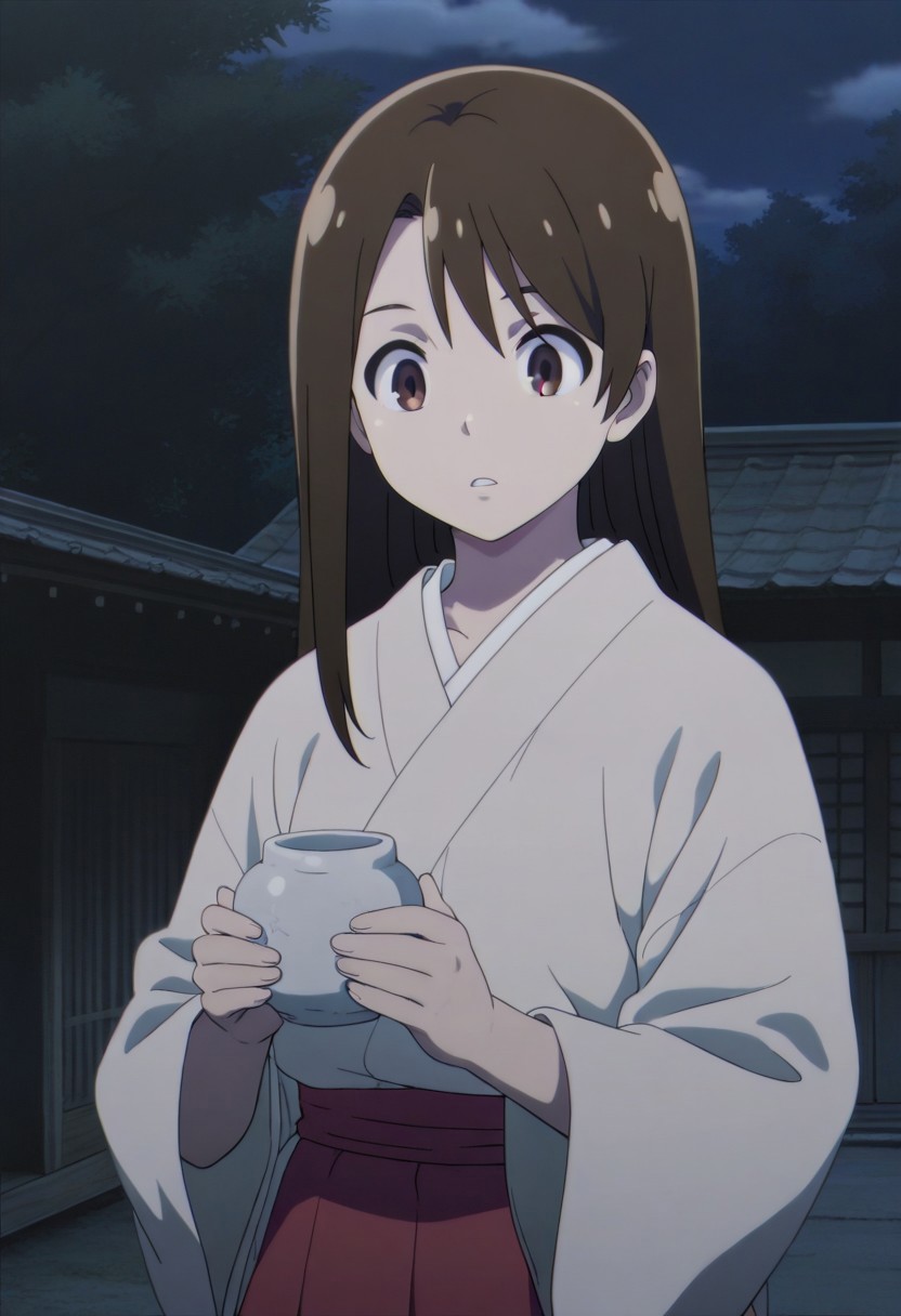 masterpiece,best quality,amazing quality, amiris, brown eyes, brown hair, long hair, 1girl, solo, night, japanese clothes, holding, anime coloring