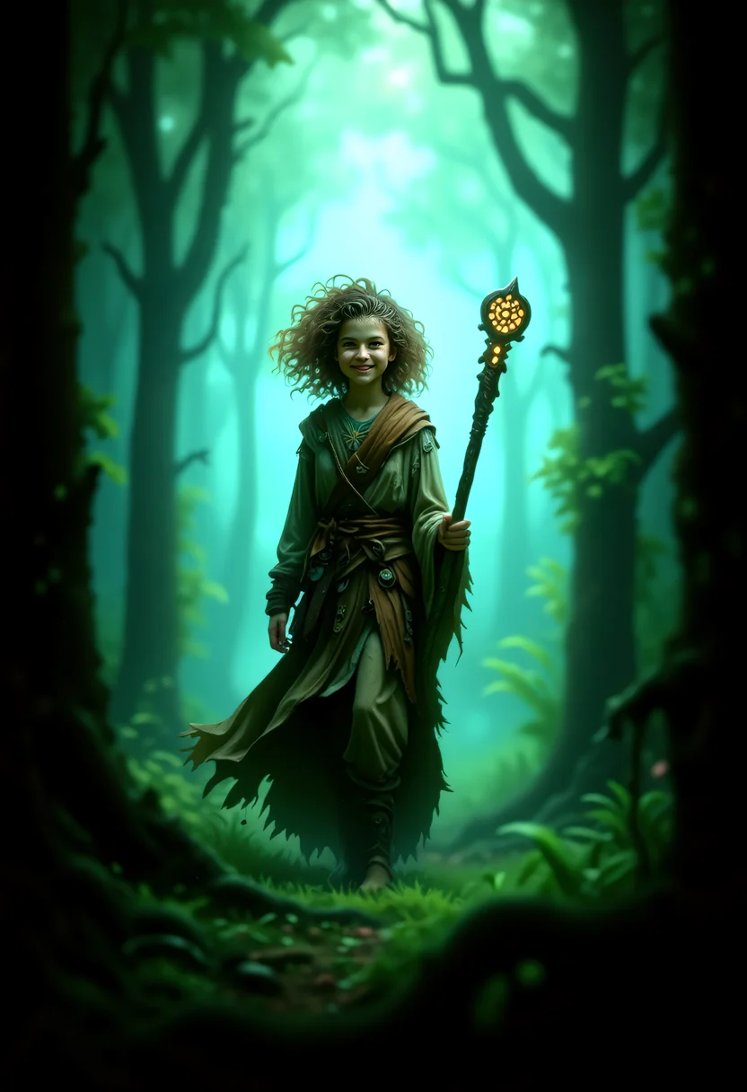 A mystical forest shrouded in an ethereal mist, where ancient druidic magic still lingers in the air. The isles are forgotten, their lore lost to time, but the whispers of mythical creatures can be heard in the underbrush. Amidst this enchanted realm, a young female protagonist emerges, her wild, curly hair framing a mischievous grin. Adorned in tattered, earth-toned robes that seem to blend seamlessly with the forest floor, she wields a staff imbued with the very essence of the land itself. The staff pulses with an otherworldly energy, its surface etched with runes that glow faintly in the mist. As she moves through the forest, the mist parts around her, revealing glimpses of ancient stone circles and crumbling altars, hinting at the forgotten magic that once thrived here. <lora:flux/ARTifacts>