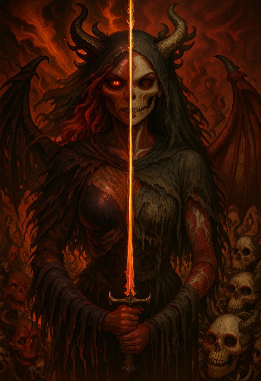 masterpiece, best quality, newest, absurdres, highres, 
DUSV1.0, split screen, split theme, dual persona, transformation, dark persona, holding sword, sword, holding weapon, holding, weapon,
1girl, red skin, red colored skin, demon girl, succubus, demon horns, horns, demon wings, demon tail, wings, horror (theme), monster girl, skull, skull mask, bones, skeleton, veil, veiled face, mask,