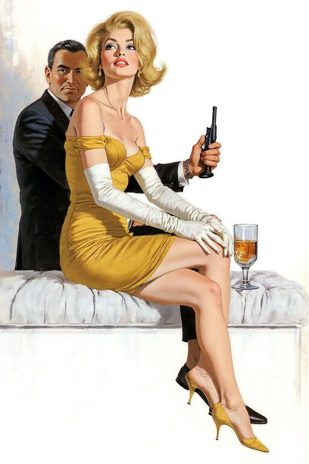 robmc1 illustration. 
a blonde woman with a striking, elegant appearance. She is seated on a white, cushioned ledge, dressed in a form-fitting, off-the-shoulder, mustard-yellow dress with long, white gloves that extend past her elbows. A man sits behind her, holding a gun in one hand and a glass in the other hand. <lora:robmc1_cap_d6a3e12:1.0><lora:820280887724786354:0>