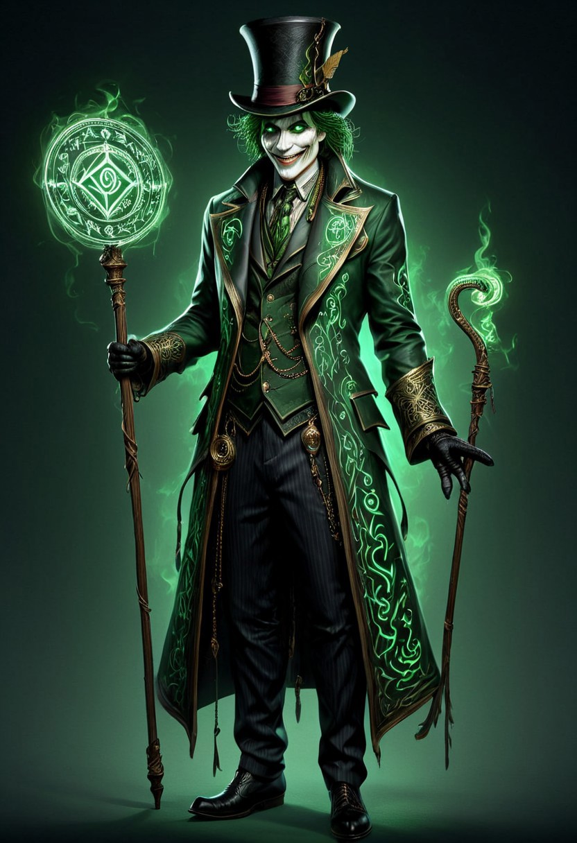 PEJoker, high quality, HD, full body, dramatic lighting, cinematic composition, detailed, glowing rune costume, dark green glowing runes, intense eyes, wide smile, concept art, trending on ArtStation, (dark, evening, (vignette))), wearing a tophat, holding an intricate cane