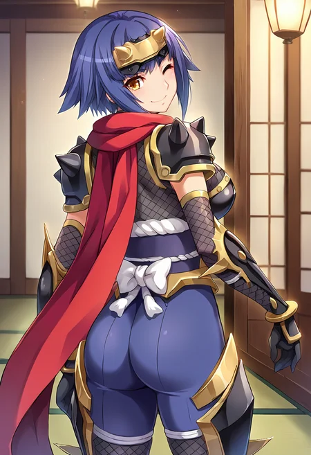 score_9, score_8_up, score_7_up, source_anime, masterpiece BREAK ct_k4guya, blue hair, short hair, large breasts, forehead protector, red scarf, blue bodysuit, armor, obi, shoulder armor, fishnets, elbow gloves, vambraces, greaves, looking at viewer, indoors, japanese home, cowboy shot, from behind, looking back, one eye closed, smile, <lora:Kaguya_OnnaKanbu_Pony_ct:0.9>