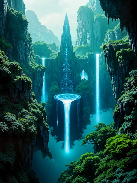 ultra-high-resolution cinematic film still, highest aesthetic quality, ultra-detailed, hyper-realistic, uhd, 8k, 4k,science fiction, cinematic sci-fi landscape with ancient and surreal elements, a vast, overgrown jungle basin on a distant planet, shrouded in mist and shadow, ringed by towering cliffs blanketed in dense alien vegetation, vines drape like curtains from stone overhangs, and twisted trees with glowing leaves crowd the edges of the basin, the atmosphere thick with moisture and mystery. in the center of the basin, the laws of gravity fracture and twist, water streams flow upward in spiraling arcs toward a levitating, bowl-shaped lake that hovers impossibly in midair, reflecting the heavy, storm-laden sky above, gravitational anomalies scatter droplets and streams across the air like strands of crystal thread suspended in space. embedded deep into the jungle walls and floor of the basin lie ancient alien ruins, massive obsidian structures half-buried in the earth, etched with luminescent glyphs and intricate, angular architecture, their monumental size and perfect geometric alignment hinting at impossible precision and forgotten purpose, some float weightlessly, tilted and partially disassembled by the strange gravitational forces. a sleek, advanced research vessel floats at the rim of the basin, stabilized by anti-gravity thrusters, its lights cast long beams over the ruins and the levitating lake, scanning the glyph-covered surfaces for signs of function or history, smaller drones hover and flicker between the mist and the ruined structures, capturing every angle of this archaeological mystery. a high, sweeping birds-eye view angled down across the basin, showing the floating lake at its center, the buried and levitating ruins spread out in impossible patterns, and the solitary ship perched on the edge like an intruder in a cathedral of gravity and time. rembrandt style lighting carves soft light and shadow through thick jungle fog, accentuating the glowing glyphs on the ruins and the storm breaking through the clouds above, shafts of crepuscular light pierce the mists, casting surreal reflections across the floating waters and ruins. captured in ultra-high resolution with cinematic lensing and dreamlike diffusion, the color palette is a moody blend of emerald green, obsidian black, glowing violet, and luminous blue, with subtle film grain and dynamic contrast emphasizing the enigmatic and ancient feel of the composition, ovg, artilands02, arsmoviestill, 80s fantasy movie still, <lora:style-fantastic_landscapes-v2-flux-by_artifyai:0.76> <lora:style-80s_fantasy_movie-v3-flux-by_arsmachina:0.8>