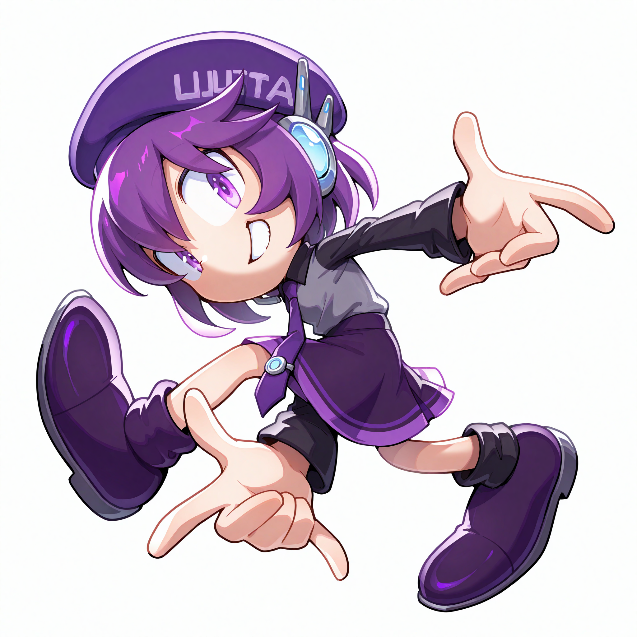 <lora:defoko_Illustrious_Mlaofmd-10:1.0>, <lora:Sonic_Adventure_Pose_Illustrious-000009:1.0>, masterpiece, best quality, high quality, depth of field, ambient silhouette, backlighting, 1girl, defoko, purple hair, purple beret, purple eyes, grey headset, grey shirt, black sleeves, purple necktie, purple skirt, purple boots, white background, simple background, sonic adventure pose, jumping, looking at viewer, grin, teeth, full body