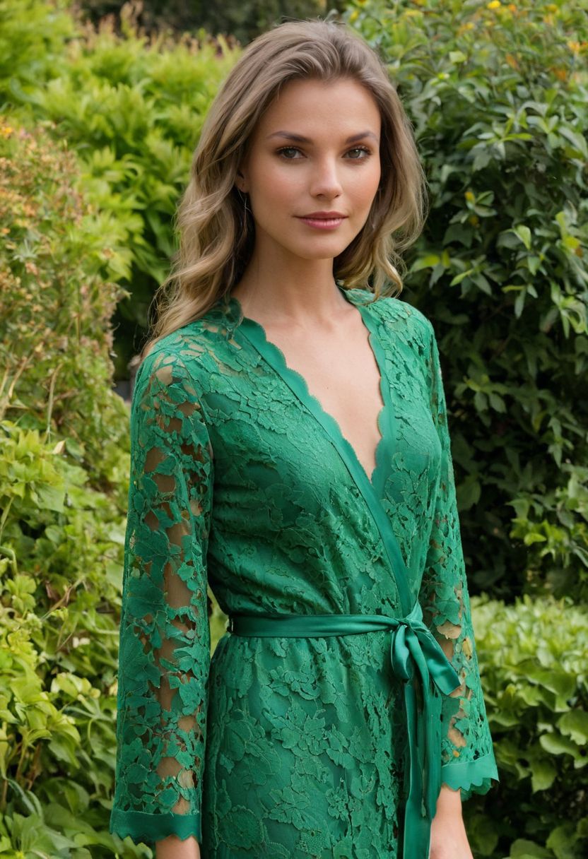 brunette woman, standing in a garden, wearing a side slited red and green lace robe, wavy long hair