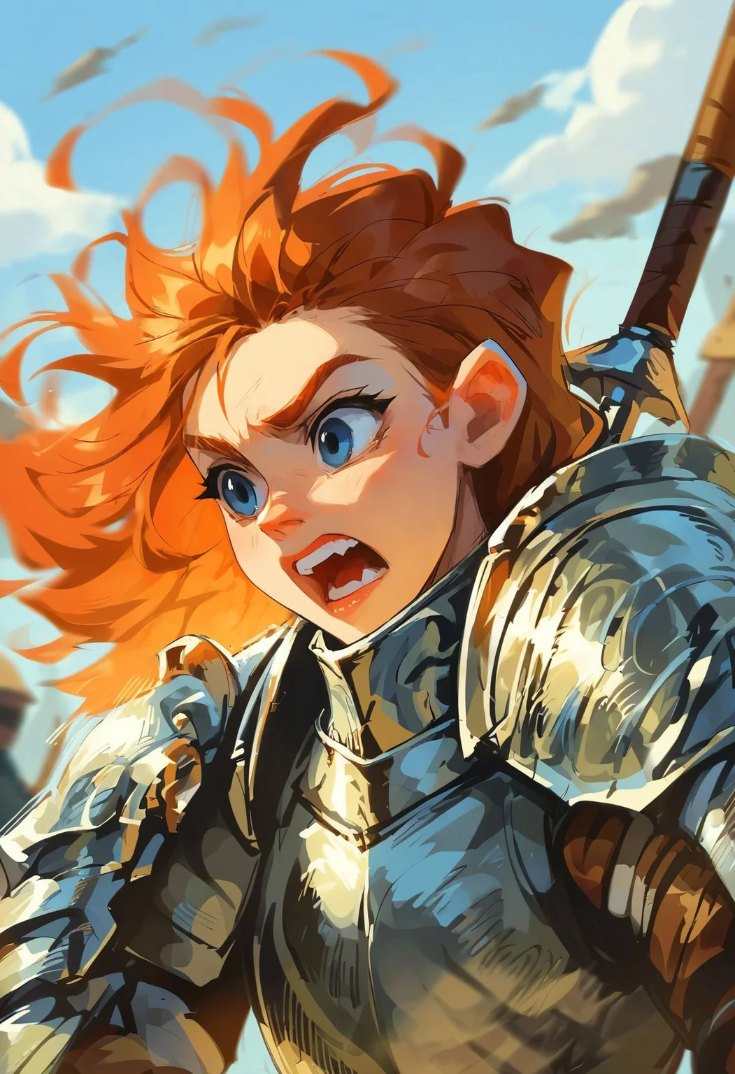 score_9,score_8_up,core_7_up, <lora:samdoesarts_pdxl_v1:1>1girl, armor, weapon, open mouth, holding weapon, holding, blue eyes, long hair, teeth, solo focus, outdoors, sky, blurry