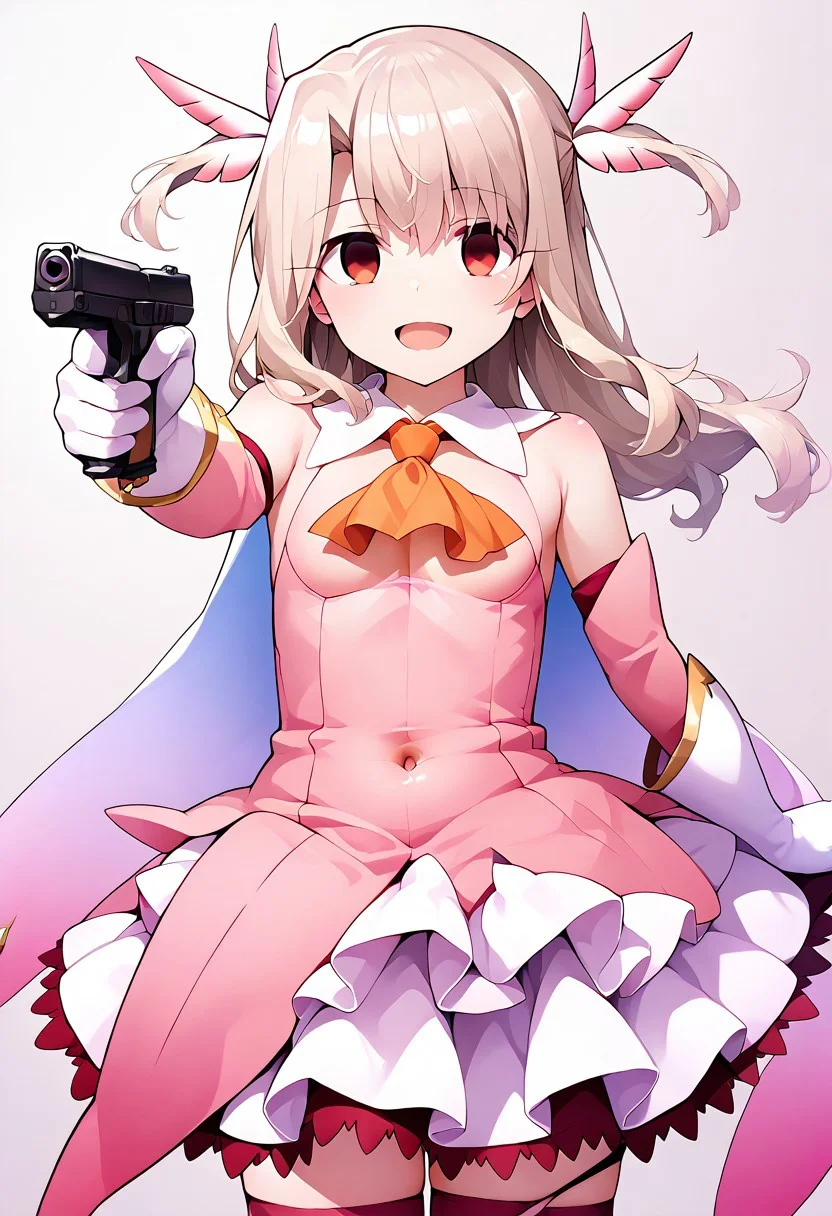 1girl, solo focus, score_9, score_8_up, score_7_up, source_anime, rating_lewd, masterpiece, aaillya, long hair, blonde hair, two side up, hair ornament, red eyes, bare shoulders, magical girl, cape, orange ascot, pink shirt, sleeveless, detached sleeves, white gloves, white skirt, pink thighhighs, holding gun, handgun, aiming, aiming at viewer, empty smile, open mouth, empty eyes, torn clothes, cleavage, navel, cameltoe,