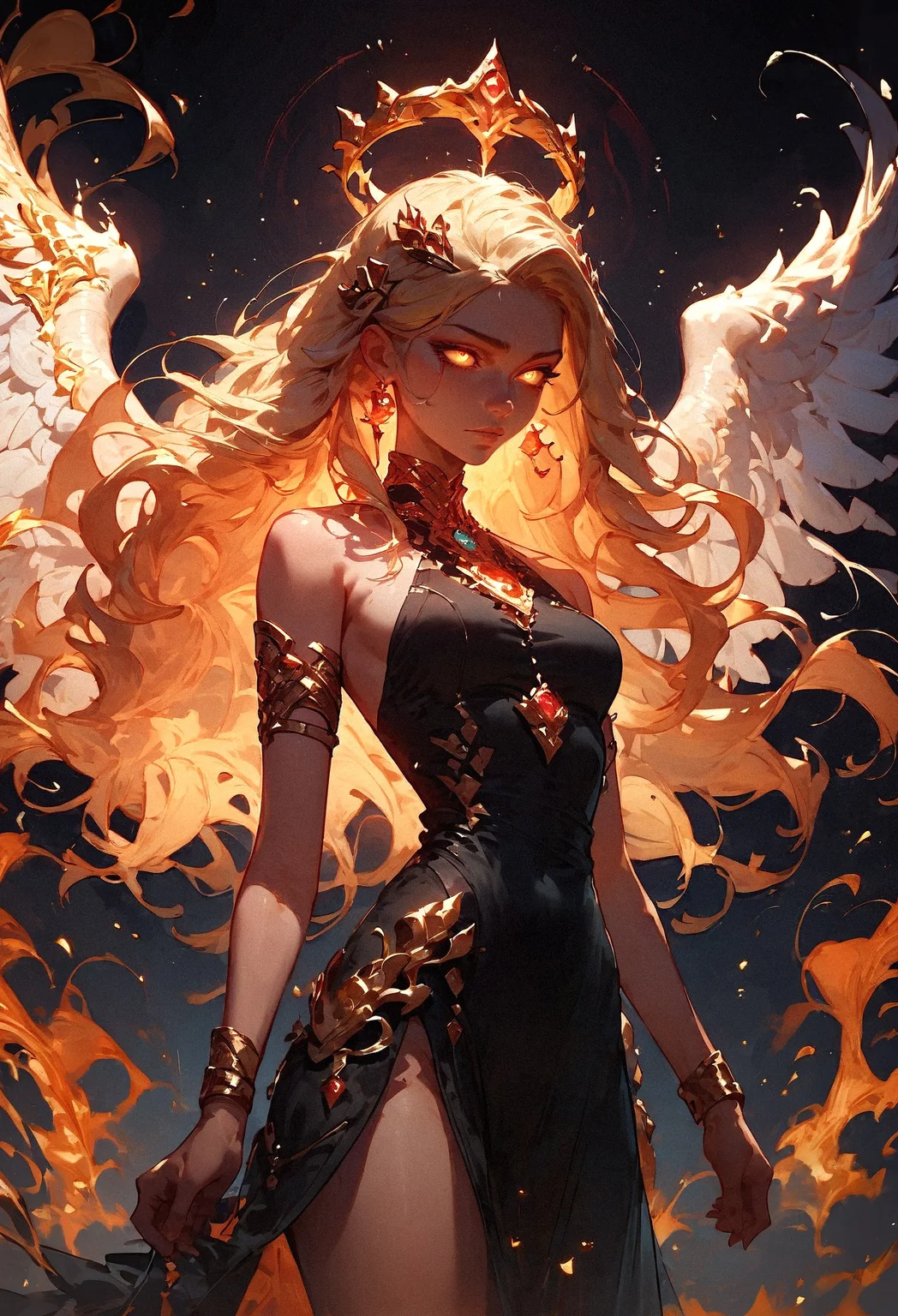score_9, score_8_up, score_7_up, 1girl, fiery aura, blonde hair, black dress, gold jewelry, golden tiara, black and gold theme, angel wings, glowing eyes, black background   <lora:sdxl\Expressive_H-000001:0.8>, expressiveH <lora:sdxl\sinfully_stylish_SDXL> <lora:sdxl\Fiery_Aura_for_Pony:0.9> <lora:sdxl\Concept Art Twilight Style SDXL_LoRA_Pony Diffusion V6 XL:0.8>, concept art