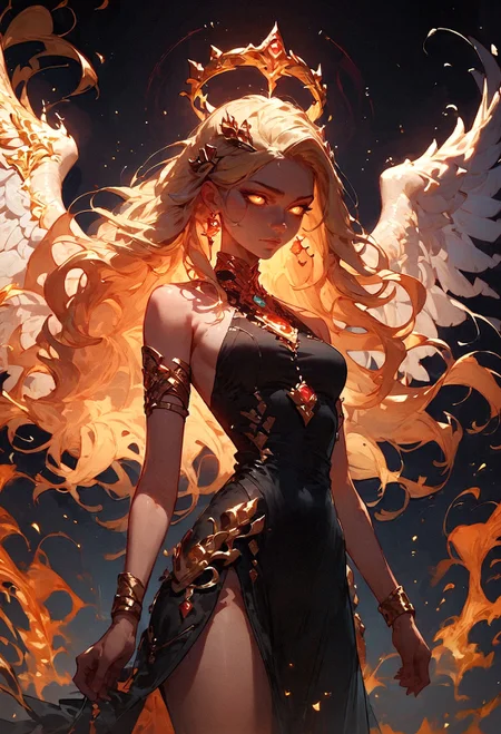score_9, score_8_up, score_7_up, 1girl, fiery aura, blonde hair, black dress, gold jewelry, golden tiara, black and gold theme, angel wings, glowing eyes, black background   <lora:sdxl\Expressive_H-000001:0.8>, expressiveH <lora:sdxl\sinfully_stylish_SDXL> <lora:sdxl\Fiery_Aura_for_Pony:0.9> <lora:sdxl\Concept Art Twilight Style SDXL_LoRA_Pony Diffusion V6 XL:0.8>, concept art