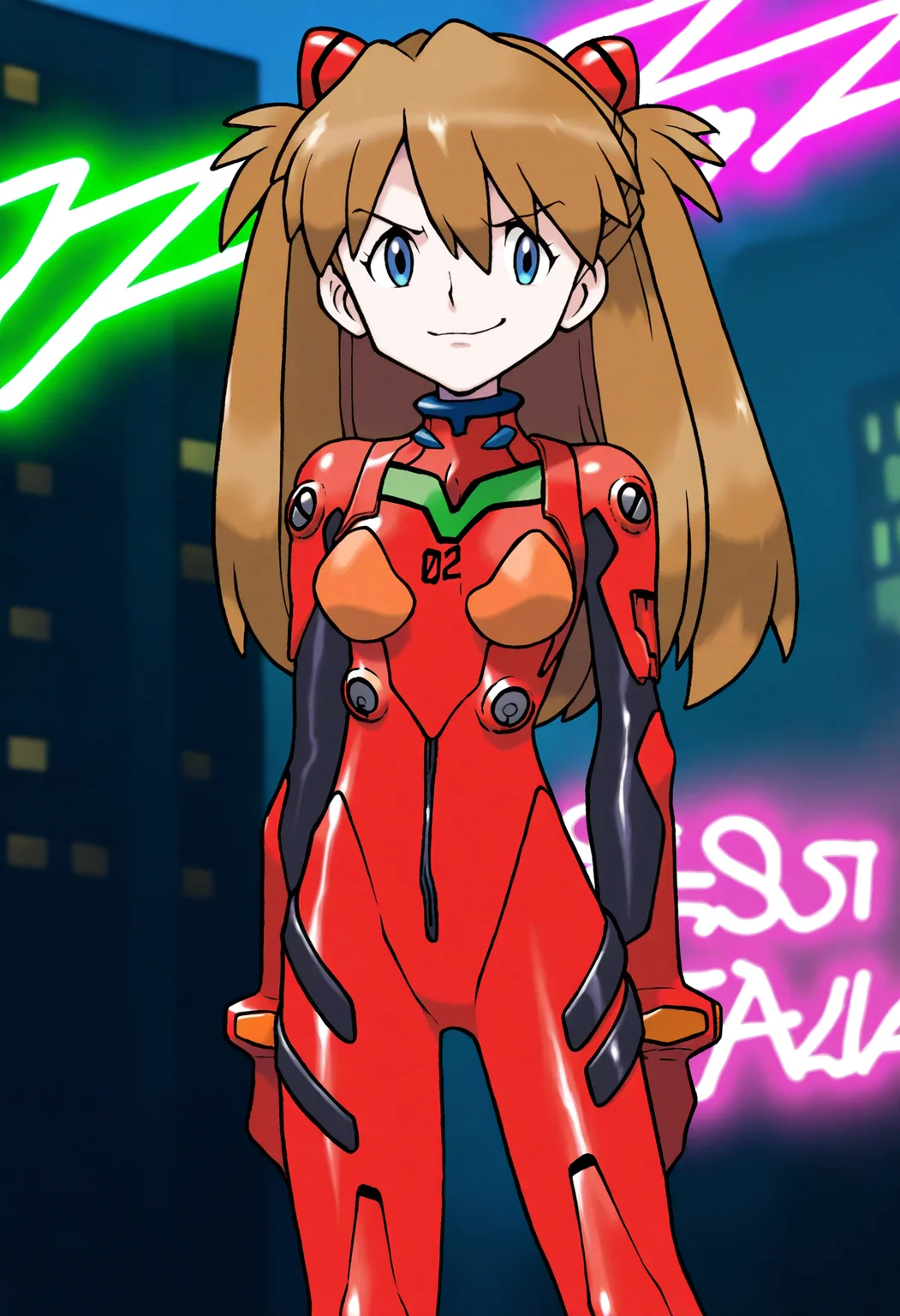 sugimori ken,
best quality, amazing quality, very aesthetic, absurdres,
BREAK
1girl, asuka langley, red plugsuit, standing, smug, looking at viewer, futuristic background, neon light , buildings, night, <lora:KenSugimoriNoob_byKonan:1>