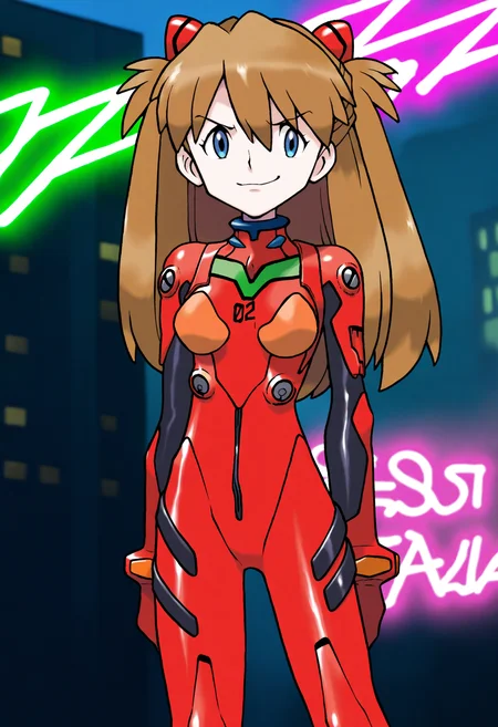 sugimori ken,
best quality, amazing quality, very aesthetic, absurdres,
BREAK
1girl, asuka langley, red plugsuit, standing, smug, looking at viewer, futuristic background, neon light , buildings, night, <lora:KenSugimoriNoob_byKonan:1>