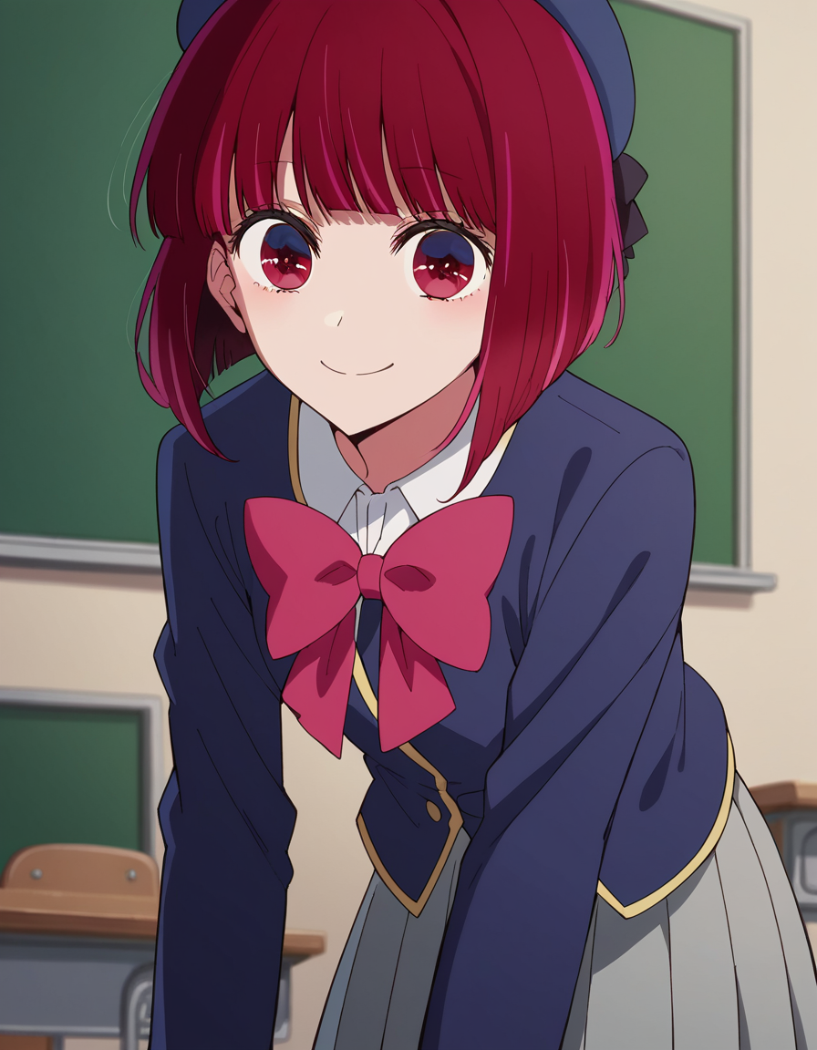 score_9, score_8_up, score_7_up, source_anime,
kanaarima, <lora:kana-arima-s1-ponyxl-lora-nochekaiser:1>,
kana arima, short hair, bangs, red eyes, red hair, bob cut, smile,
skirt, long sleeves, hat, bow, school uniform, jacket, pink bow, grey skirt, blue headwear,
indoors, classroom, bent over, smile,
looking at viewer, cowboy shot, dutch angle,