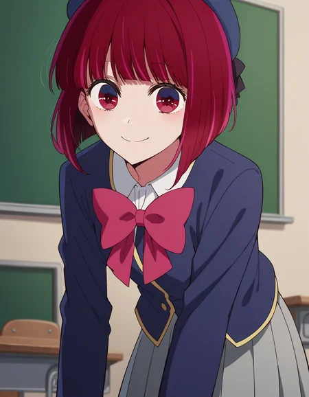 score_9, score_8_up, score_7_up, source_anime,
kanaarima, <lora:kana-arima-s1-ponyxl-lora-nochekaiser:1>,
kana arima, short hair, bangs, red eyes, red hair, bob cut, smile,
skirt, long sleeves, hat, bow, school uniform, jacket, pink bow, grey skirt, blue headwear,
indoors, classroom, bent over, smile,
looking at viewer, cowboy shot, dutch angle,