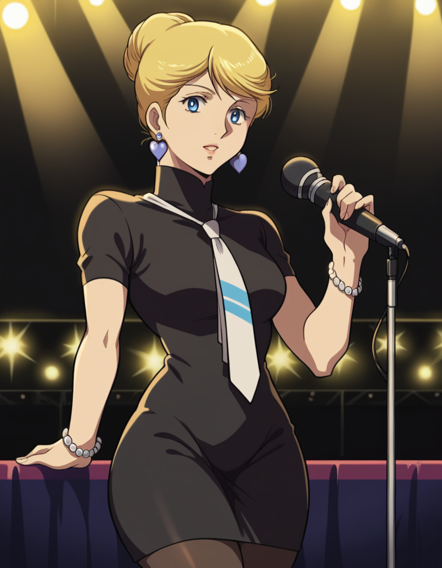 score_9, score_8_up, score_7_up, source_anime,
crowleyhamon, <lora:crowley-hamon-ova-ponyxl-lora-nochekaiser:0.7>,
crowley hamon, medium hair, blonde hair, blue eyes, hair over shoulder,
dress, jewelry, heart, pantyhose, earrings, necktie, hair bun, single hair bun, black dress, turtleneck, short sleeves,
stage, stage lights, microphone, microphone stand, singing, 
looking at viewer, cowboy shot, solo, dutch angle,
