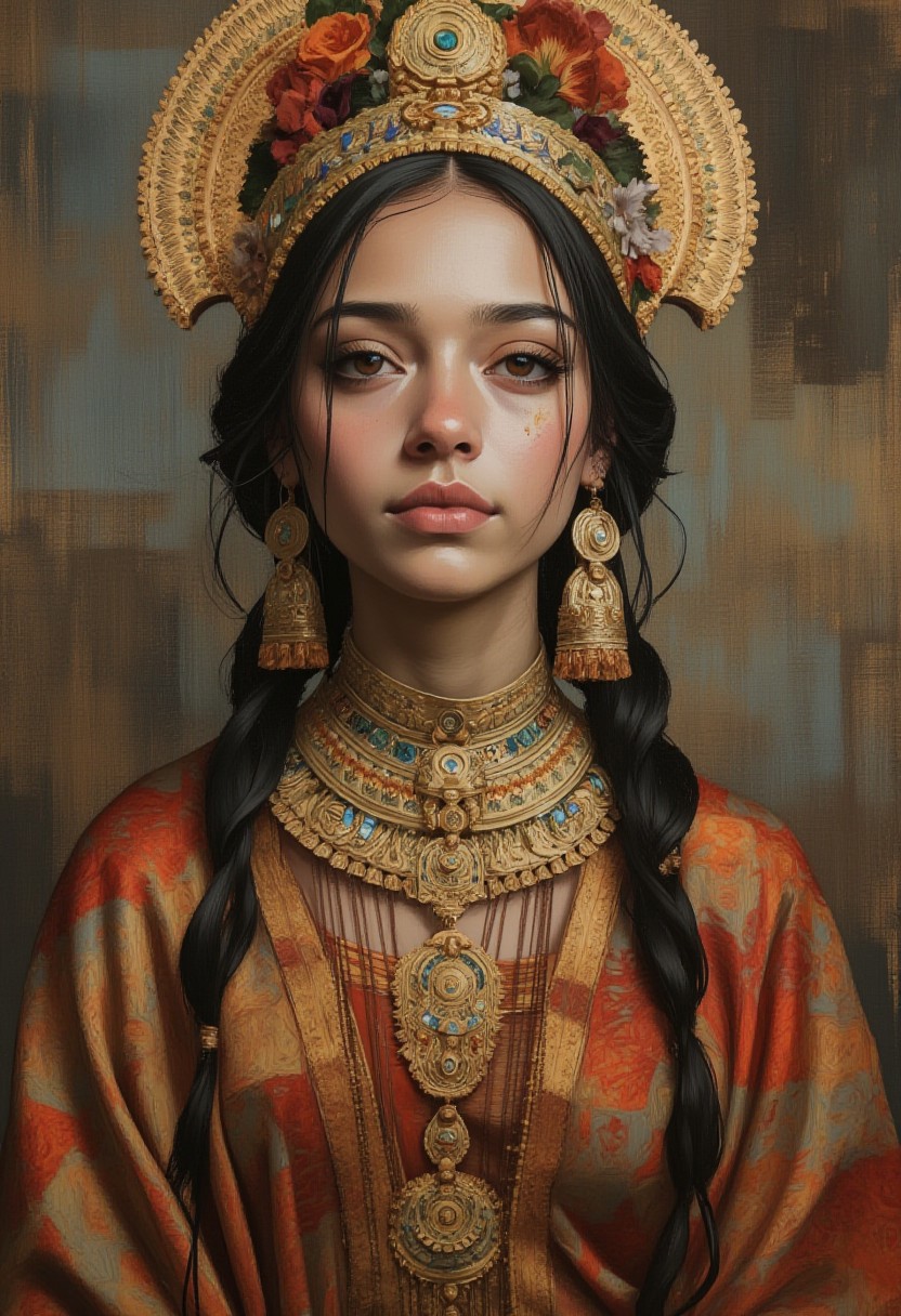A painting in the style of Meredith Marsone, depicting a stunning portrait of an ancient Sundanese princess.  The artwork should capture the princess's regal bearing and the richness of her cultural heritage.  Focus on intricate details in her traditional Sundanese attire and jewelry, showcasing the craftsmanship and artistry of the era.  The overall mood should be one of reverence and admiration, highlighting the princess's beauty and power.  The painting technique should reflect Marsone's distinctive style, emphasizing texture, light, and color to create a captivating and evocative portrait.
art by torikun, SentinelBot, OBxiaoxiang