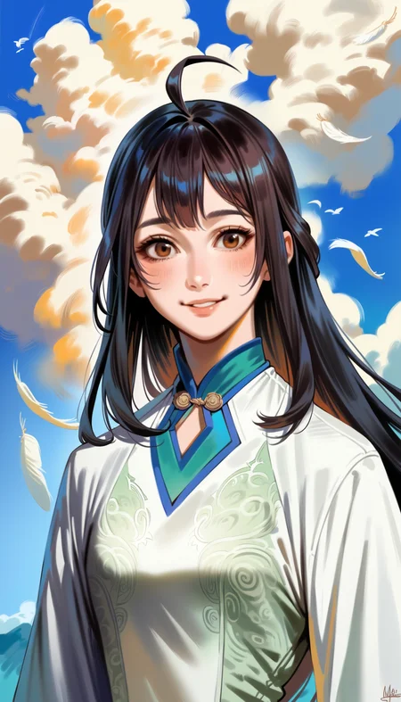 score_9,score_8_up,score_7_up,<lora:xinxianying>,xinxianying,1girl,solo,long black hair,bangs,ahoge,brown eyes,looking at viewer,smile,informal costume,upper body,outdoors,blue sky,cloud,(drifting feathers:0.8),