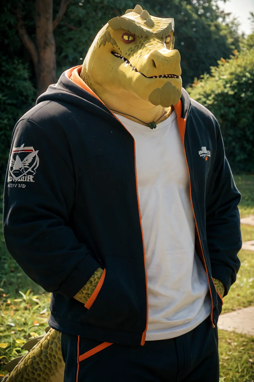 score_9, score_8_up, score_7_up, score_6_up, close up, front view, looking at viewer, anthro, annoyed, scalie, crocodile, male, tail, solo, green eyes, buff, hoodie, pants, outside, outside background, boring_sdxl_v1 <lora:Krom_Rimba_Racer_PonyXL_r1:1>