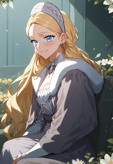 zPDXL3, score_9_up, score_8_up, score_7_up, (Anime_source), 1girl, Rudbeckia, blue eyes, blonde hair, long hair,Ruby winter clothes, fur trim, sitting, flowers, from side, birds, feathers, cowboy shot, looking at viewer, smile, little blush