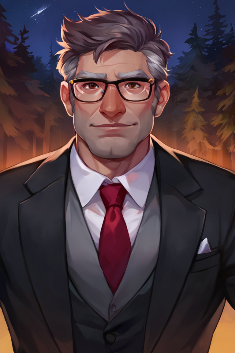 score_9, score_8_up, score_7_up, stanford pines, 1boy, solo, male focus, mature male, muscular male, old man, short hair, grey hair, multicolored hair, brown eyes, thick eyebrows, glasses, black-framed eyewear, facial hair, stubble, long sideburns, looking at viewer, formal, suit, black suit, grey vest, white shirt, red necktie, standing, upper body, portrait, outdoors, forest, pine tree, night, night sky <lora:Stanford (Ford) Pines - Gravity Falls v1.0 MIX [LoRA] - Pony V6 XL:0.8>