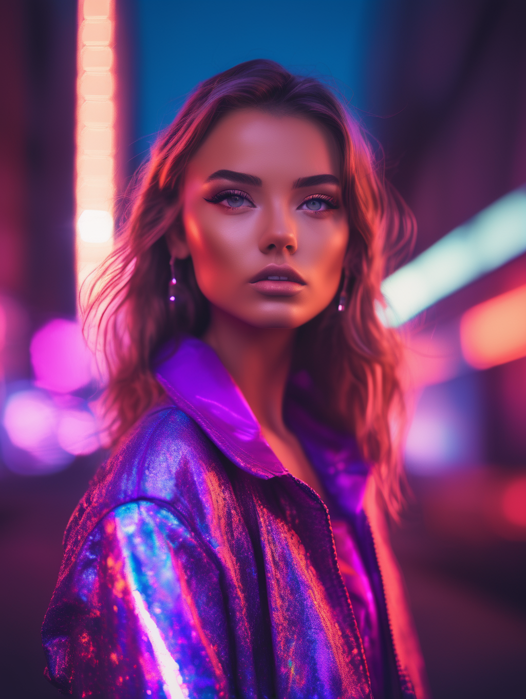 <lora:Brandon Woelfel Style:1>Brandon Woelfel Style - A stunning girl in the purple neon city under the red sky wearing holographic clothes. She exudes an energetic power, with a determined look in her eyes. The neon lights around her create an electric vibe that matches her electric personality. Her holographic clothing catches the light and reflects it in all directions. Her hair is styled in a chic, edgy fashion that adds to the mood of the scene. Photographed by Rankin with a Sony A7R IV and 50mm lens, studio and colored gel lights, 8K, Ultra HD, Super Resolution.