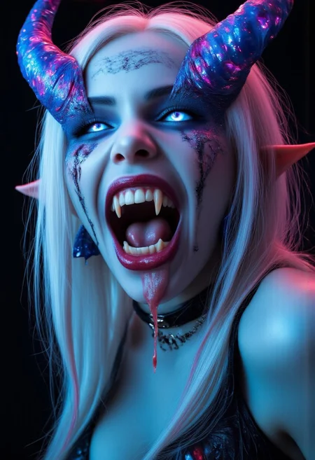 high quality, ultra detailed, colorful, abstract, fantasy, aidmaMJ6.1, bo-abyss, a digital drawing in an anime style, featuring a fantastical, otherworldly creature with a blend of fantasy and horror elements, the subject is a female character with pale blue skin and long, flowing white hair that cascades down her shoulders, her eyes are a striking, glowing pink, and her mouth is open wide, revealing sharp, pointed teeth, with a long, dripping pink tongue, she has large, pointed ears and a pair of prominent, curved, blue and pink horns protruding from her head, the horns are adorned with intricate, glowing patterns in shades of blue, purple, and pink, adding a surreal and otherworldly quality to her appearance, she wears a black choker around her neck and a black, sleeveless top that appears to be made of a shiny, metallic material, the background is a solid black, which contrasts sharply with her vibrant colors, making her stand out vividly, the overall composition is dynamic, with the character's expression and the flowing, ethereal quality of her hair and the glowing effects adding to her otherworldly appearance, partially blended with abstract digital elements.