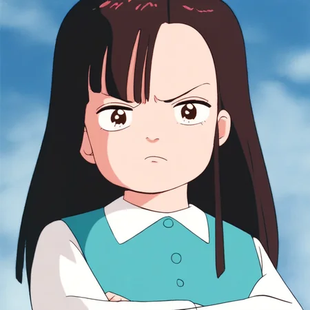 source_anime, 1girl, solo, ymktndo, black long hair, dark brown eyes, teal buttoned collared vest, white long-sleeves, teal skirt, white socks, blue shoes, looking at viewer, serious, angry, closed mouth, crossing arms, from below, blue sky, outdoors