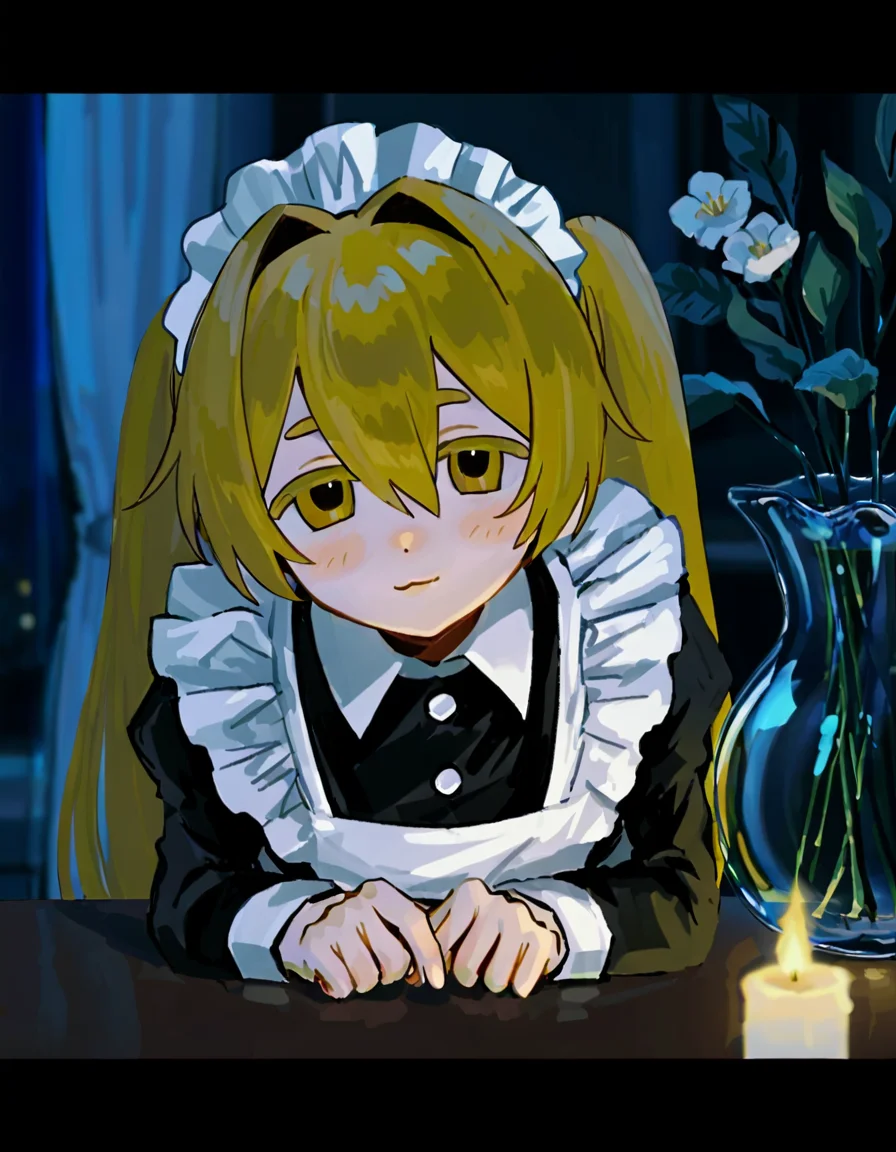 1girl, solo, long hair, blush, smile, blonde hair, long sleeves, dress, hair between eyes, closed mouth, twintails, yellow eyes, maid headdress, :3, hair intakes, table, juliet sleeves, white apron, maid apron, colored eyelashes, enmaided, flower, indoors, blurry, cup, blurry background, night, depth of field, table, plant, curtains, letterboxed, scenery, candle, dark, vase <lora:iwonu_Noise_Injection:1>