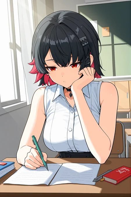 beautiful detailed eyes, masterpiece, best quality, intricate details, absurdres, 1girl, solo,
<lora:P-IL-EllenJoe2:1>, 3ll3nj03, black hair, red hair, pink hair, multicolored hair, short hair, red eyes,
school uniform, pleated skirt, white shirt, bare shoulders, shoulder slit, black choker,
medium breasts,
bored expression, looking at paper, resting head on hand,
sitting at desk, upper body shot, dynamic angle,
classroom, wooden desk, scattered notebooks, chalkboard, sunlight through window, school supplies, zenless zone zero aesthetic, studious atmosphere