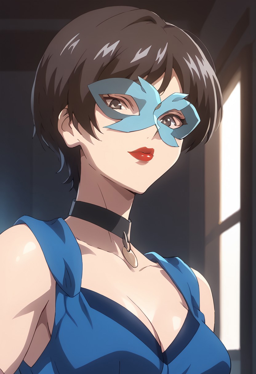 score_9, score_8_up, score_7_up,at room, indoor, moonlight,night view, richlady, female, mask, black hair, red lips, collar , blue clothing,black eyes