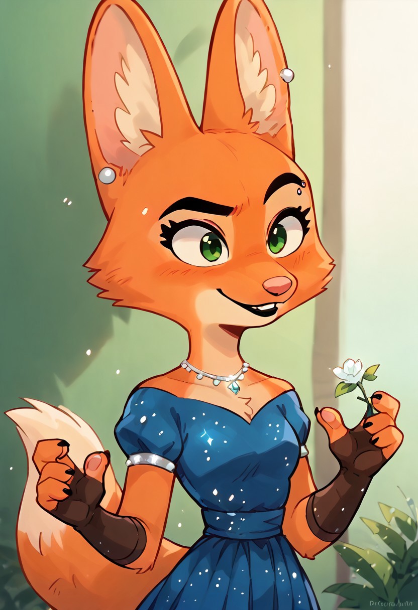 score_9, score_8_up, score_7_up, 2D art, digital art, Diane_Foxington, black eyebrows, silver piercings on eyebrow, fox tail, 4 fingers, black lipstick, emerald eyes, ginger fur, dusty-pink nose, blue dress, glitter on dress, cut dress <lora:KawaiiKritterPDXL:0.8> binggan, xingyun