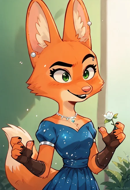 score_9, score_8_up, score_7_up, 2D art, digital art, Diane_Foxington, black eyebrows, silver piercings on eyebrow, fox tail, 4 fingers, black lipstick, emerald eyes, ginger fur, dusty-pink nose, blue dress, glitter on dress, cut dress <lora:KawaiiKritterPDXL:0.8> binggan, xingyun