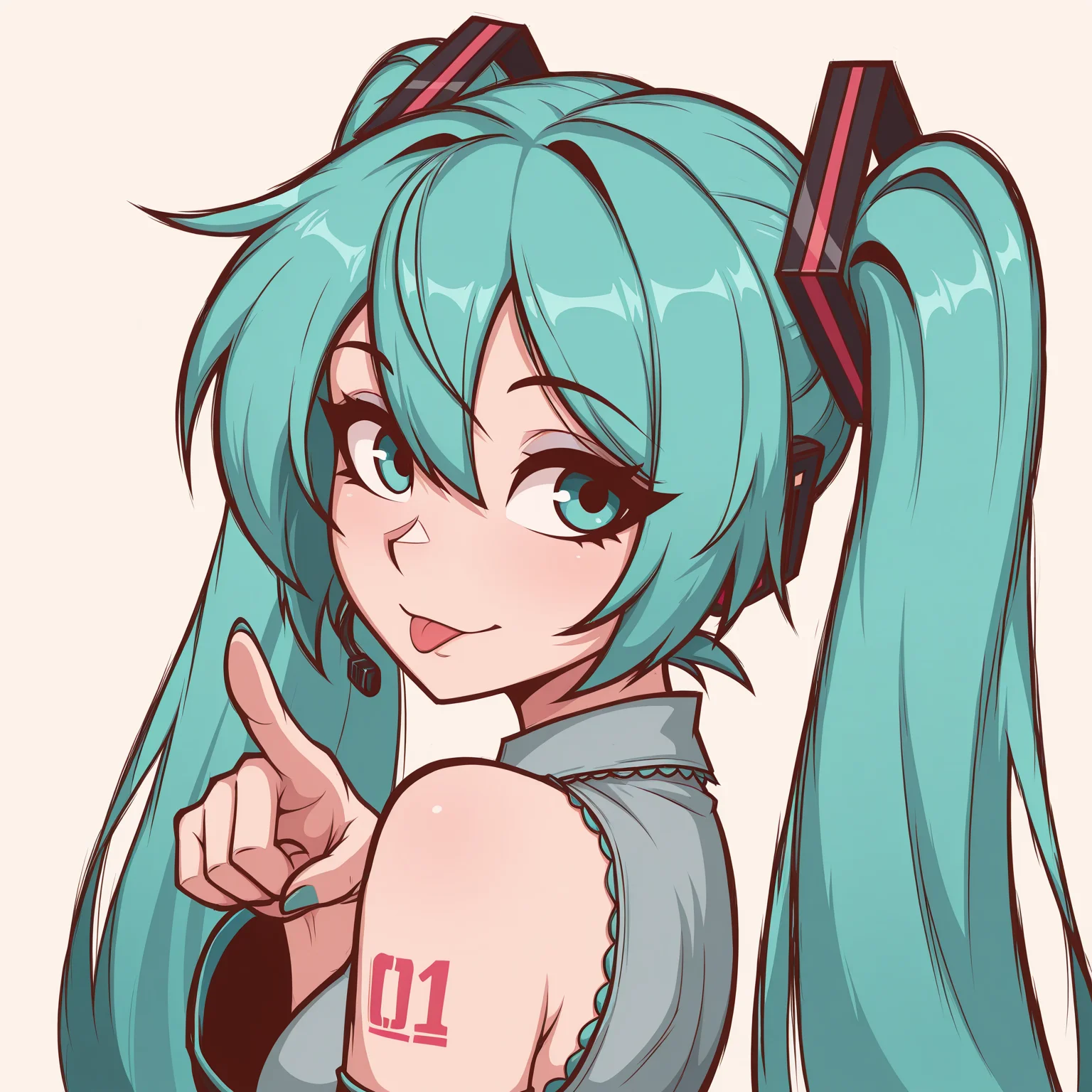 masterpiece, best quality, lw88, 1girl, pointing at viewer, looking at viewer, looking to the side, hatsune miku, closed mouth, tongue, light smile,