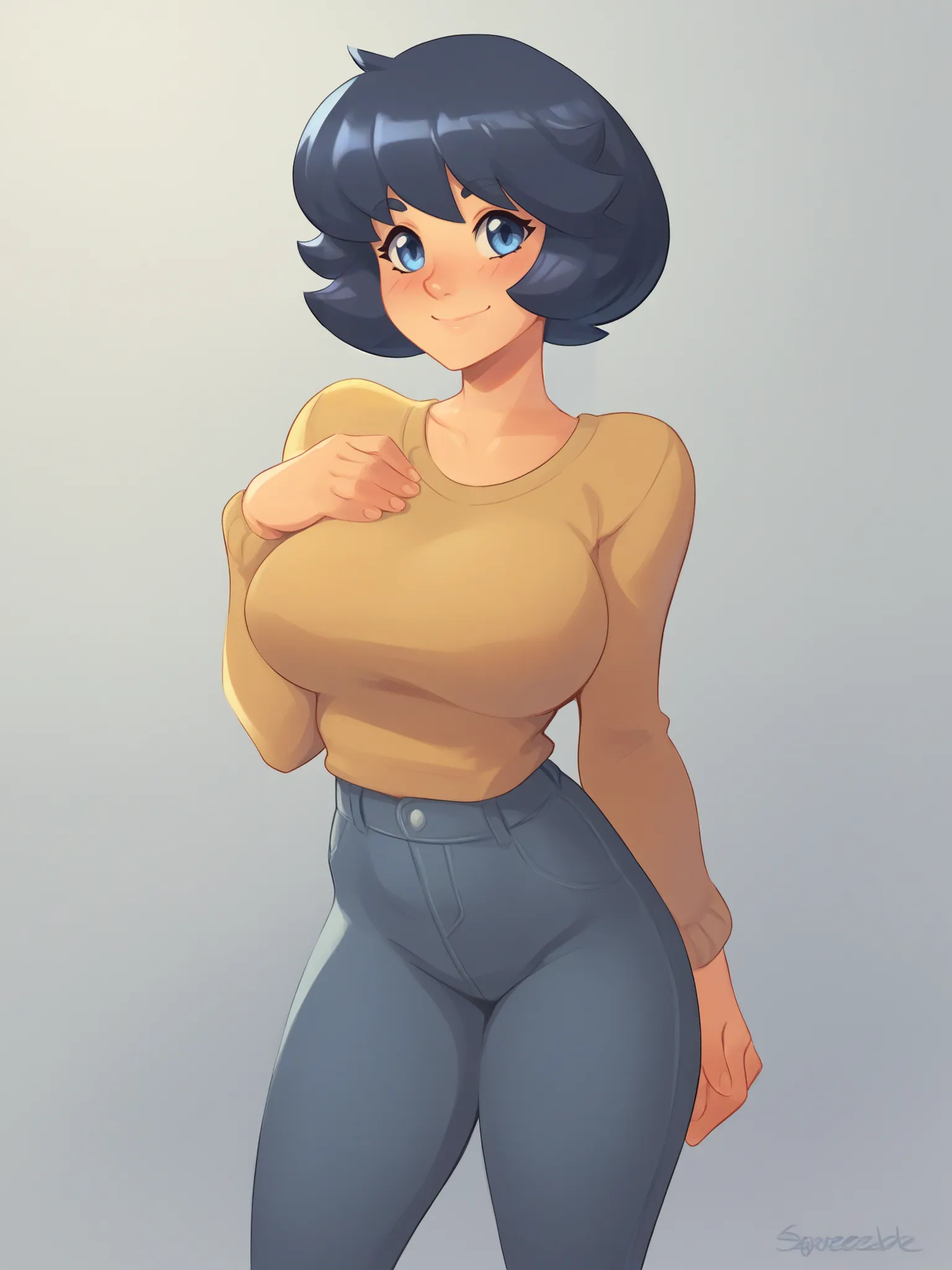 uncensored, score 9 up, score 8 up,
 <lora:Squeezable_Artist_Style_PonyXL:1>,blush, large breasts, smile, long hair, hetero, , blue eyes, short hair, 1girl, standing, looking at viewer,