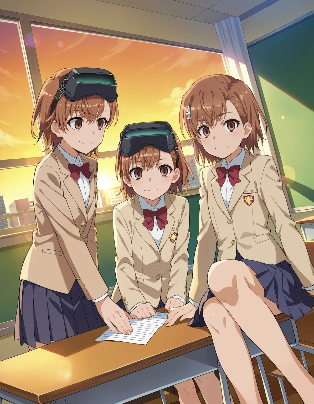 score_7_up, source_anime,
misaka imouto, 3girls, (empty eyes:1.1), smile, brown eyes, looking at viewer,
brown blazer, pleated skirt, red bowtie, dutch angle, knee up, window,
indoors, classroom, sunset, lens flare, (head-mounted display, goggles on head:1.1), sitting on desk, flat chest
<lora:style_railgun-pony-v1.7:1>