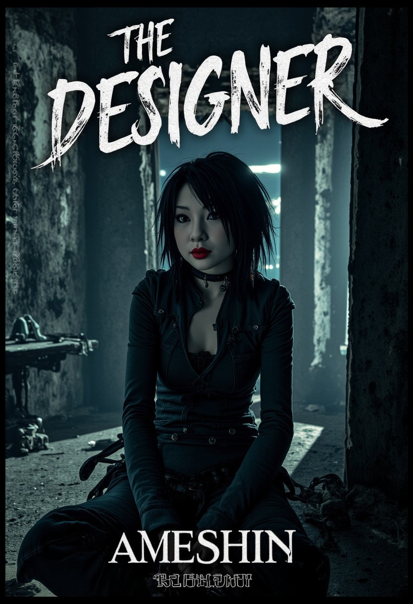 a high quality award winning sci-fi horror punk movie poster with a real movie still of Ameshin sitting in a dark dimly lit dystopian abandoned building with her hands on her lap, clitching a pencil with hardcore gritty text that reads: "THE DESIGNER"