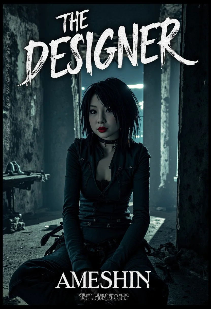 a high quality award winning sci-fi horror punk movie poster with a real movie still of Ameshin sitting in a dark dimly lit dystopian abandoned building with her hands on her lap, clitching a pencil with hardcore gritty text that reads: "THE DESIGNER"