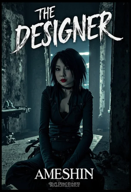 a high quality award winning sci-fi horror punk movie poster with a real movie still of Ameshin sitting in a dark dimly lit dystopian abandoned building with her hands on her lap, clitching a pencil with hardcore gritty text that reads: "THE DESIGNER"