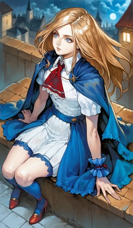 score_9,score_8_up,score_7_up,
highres,highly detailed,
<lora:CharlotteAulin:1>,
charlotteaulin,
1girl,solo,
brown hair,long hair,
blue eyes,
blue cape with white lace trim,white thigh length dress,white lace trim collar,red tie with white lace trim,short puffed sleeves,blue wrist cuffs,(blue wrap skirt:1.2),
blue lace thigh socks,red heels,
full body,sitting,from above,from rooftop,
blurry background,vignetting,outdoors,castle,(night:1.2),dark,full moon,dark,light particles,cloudy,rainy days,