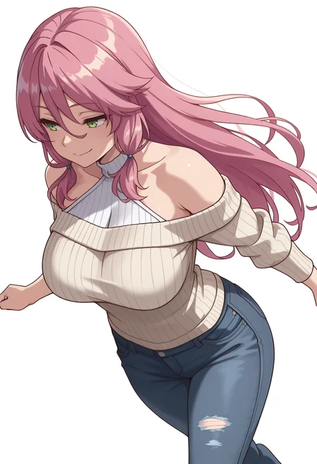 Smooth Quality,masterpiece,very intricate, high quality details, ultra realistic, high detailed skin,detailed enviorement,absurdres,
simple background, white background,
dutch angle,walking, arms swinging, relaxed shoulders, looking forward, natural movement, ,naughty face,
halter top, ,pullover,,patched jeans, ,
<lora:Jioral_Flare_Arlgrande_cnn:0.8>flarecnn,1girl, long hair, hair between eyes,green eyes, pink hair, large breasts,