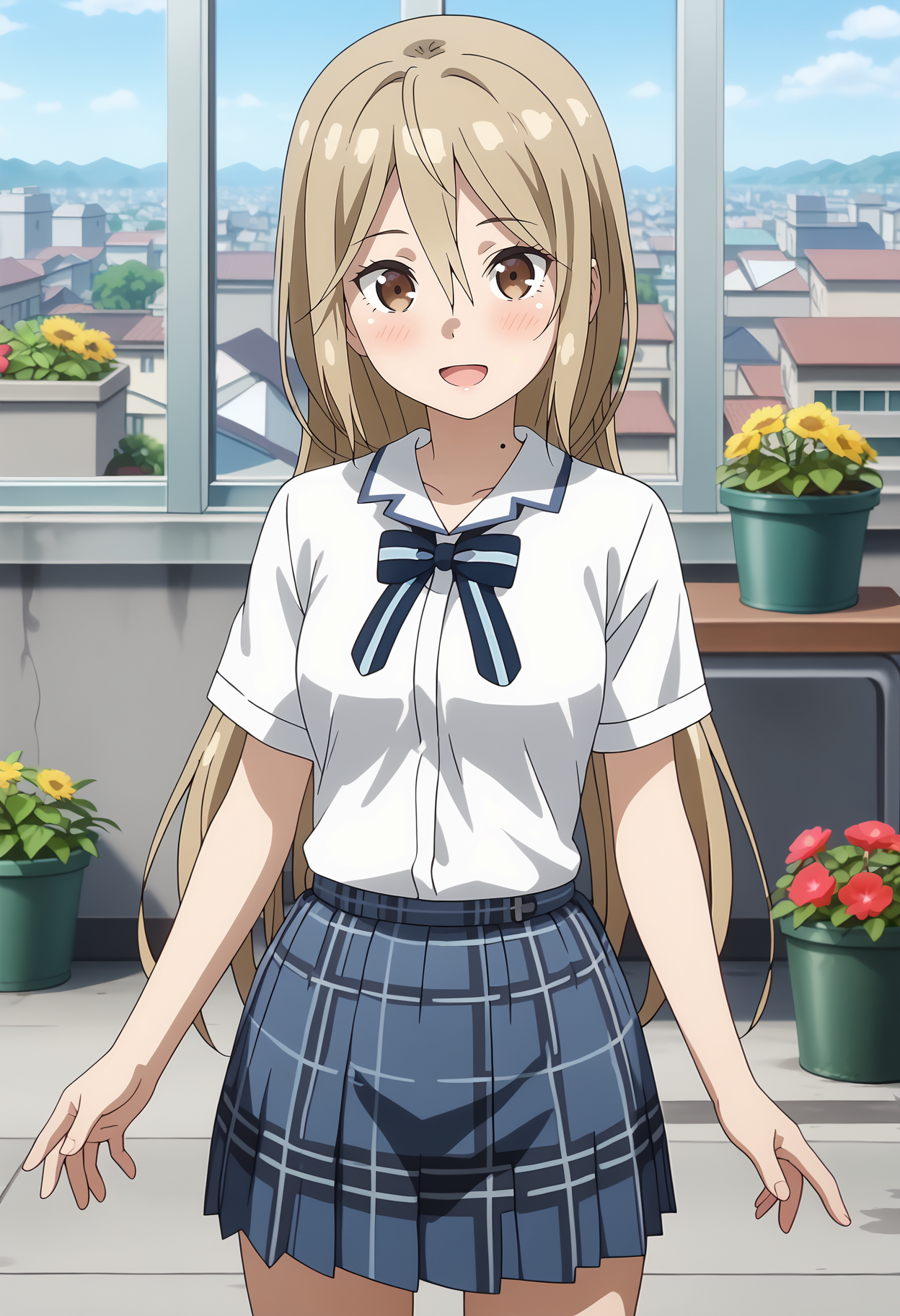 anime screencap,
<lora:OneRoom_KotokawaAkiraXL:0.9>,
1girl, solo, open mouth, light smile, blush,
long hair, light brown hair, hair between eyes, brown eyes, mole on neck,
AkiraSchool, white shirt, striped bowtie, blue bowtie, short sleeves, plaid skirt, pleated skirt, blue skirt,
cowboy shot, standing, looking at viewer,
day, rooftop, plants, cityscape, outdoors,