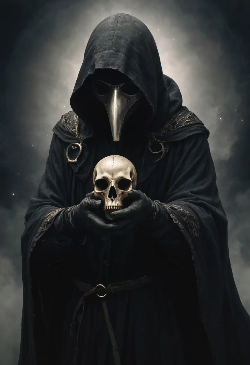 source_photo, hooded figure, holding a human skull that opens into the universe, (plague doctor mask:1.5), ouroboros, low-key, (32K, 16K, 8K, 4K, high resolution),