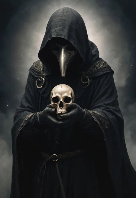 source_photo, hooded figure, holding a human skull that opens into the universe, (plague doctor mask:1.5), ouroboros, low-key, (32K, 16K, 8K, 4K, high resolution),