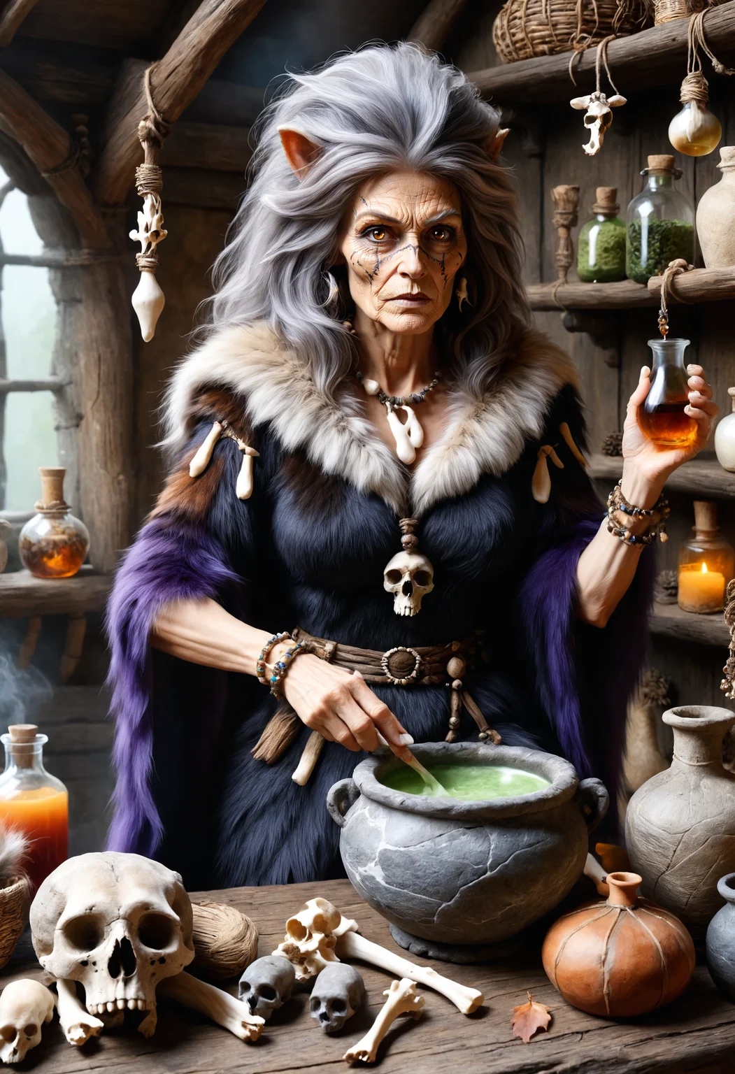 dvr-stnd, an old witch wearing animal fur and bones making a potion <lora:dvr-stnd:0.8>