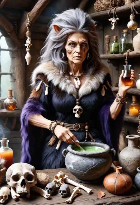 dvr-stnd, an old witch wearing animal fur and bones making a potion <lora:dvr-stnd:0.8>