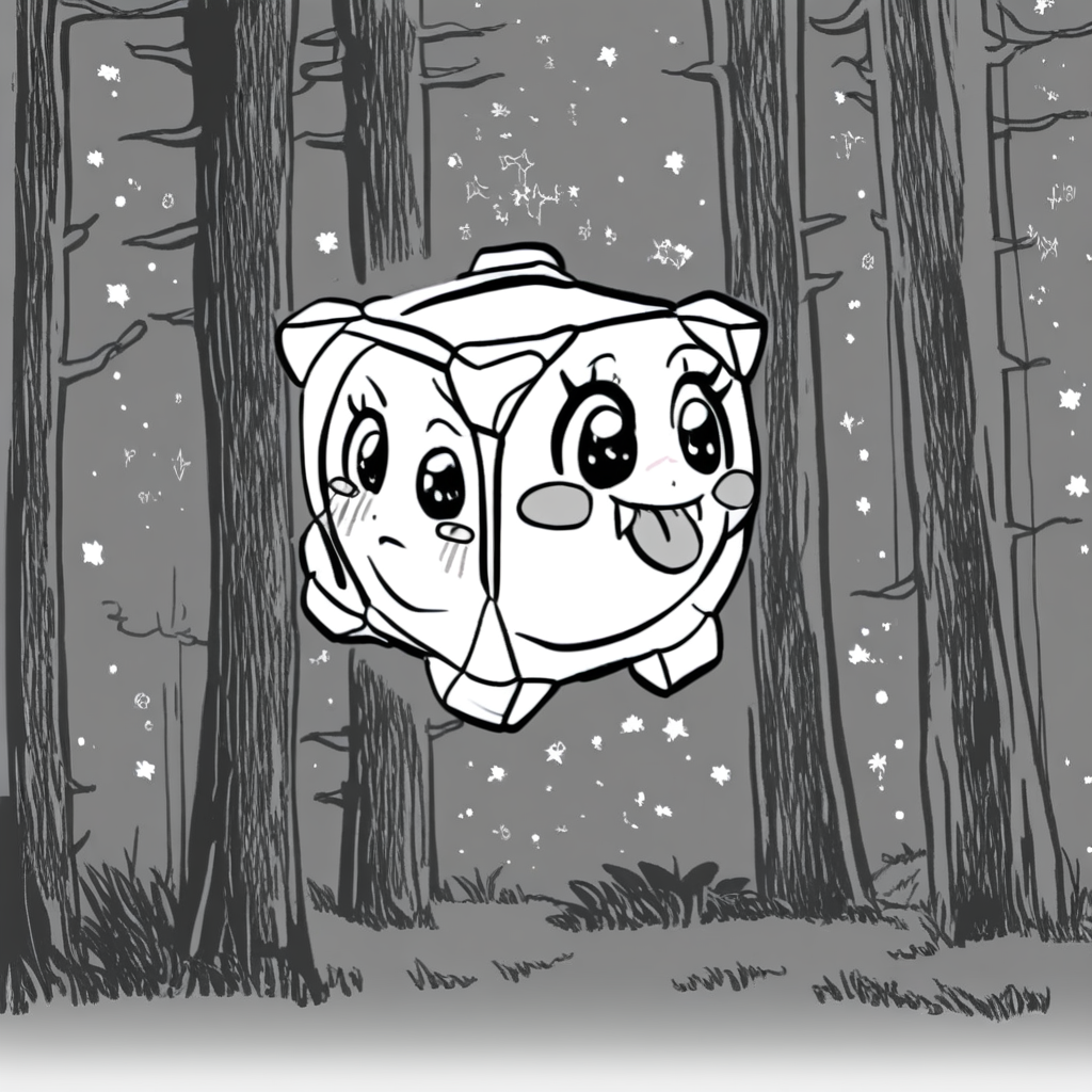 tongue out, star (sky), fangs, 1girl, colored skin, forest, full body, blush stickers, still life, pokemon move, cube, monochrome